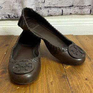 Tory Burch Brown Leather Minnie Travel Ballet Flats